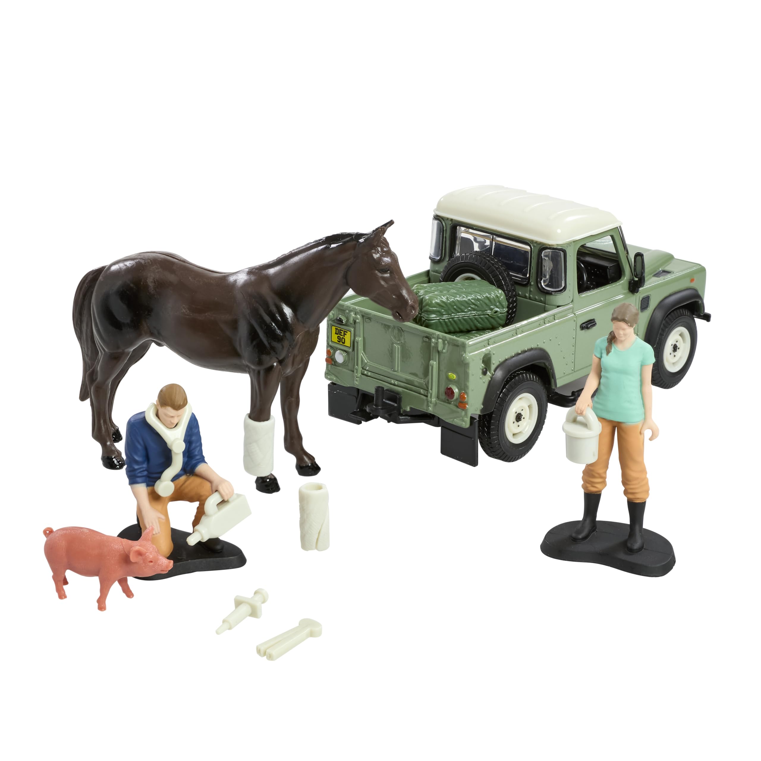 Britains Land Rover Vet Playset - 24 pieces Including 1:32 Scale Toy Land Rover, Vet and Farm Animal Figures, and Veterinary Tools - Suitable for Ages 3+ Years