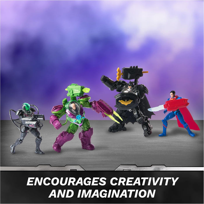 DC Comics, Metal Force Team Up Brainiac and Lex Luthor vs Batman and Superman Set, 10-cm Action Figures with Exclusive Accessories, Includes Character Cards, Kids’ Toys for Boys and Girls Aged 4+