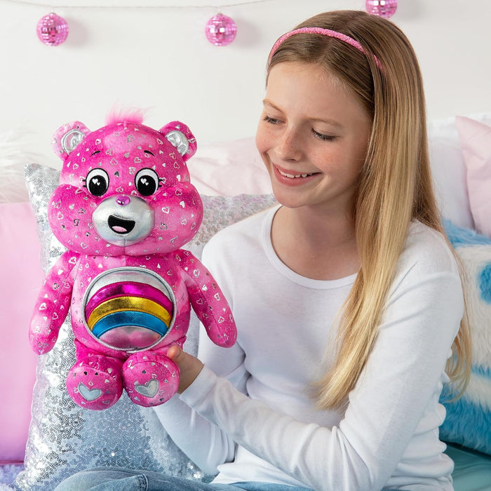 Basic Fun Care Bears Cheer Bear Collector Edition: 35cm Care Bears Plush Toy with Light-Up Shiny Belly Badge, Heart-Patterned Fur, Perfect for Collectors & Snuggles