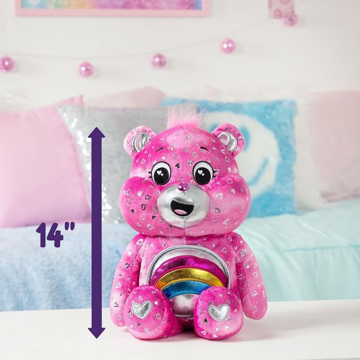 Basic Fun Care Bears Cheer Bear Collector Edition: 35cm Care Bears Plush Toy with Light-Up Shiny Belly Badge, Heart-Patterned Fur, Perfect for Collectors & Snuggles