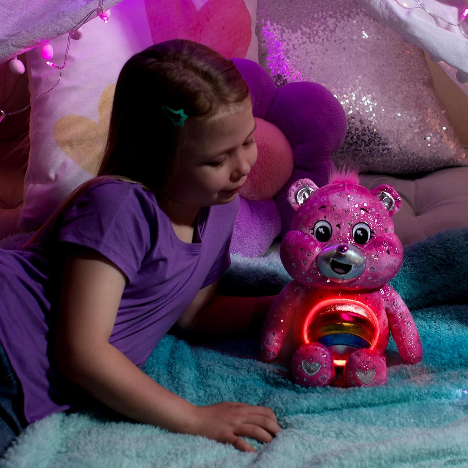 Basic Fun Care Bears Cheer Bear Collector Edition: 35cm Care Bears Plush Toy with Light-Up Shiny Belly Badge, Heart-Patterned Fur, Perfect for Collectors & Snuggles
