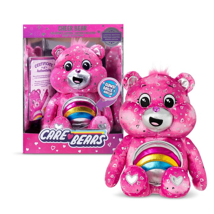 Basic Fun Care Bears Cheer Bear Collector Edition: 35cm Care Bears Plush Toy with Light-Up Shiny Belly Badge, Heart-Patterned Fur, Perfect for Collectors & Snuggles
