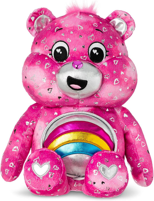 Basic Fun Care Bears Cheer Bear Collector Edition: 35cm Care Bears Plush Toy with Light-Up Shiny Belly Badge, Heart-Patterned Fur, Perfect for Collectors & Snuggles