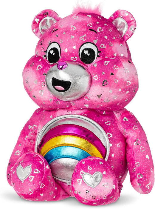 Basic Fun Care Bears Cheer Bear Collector Edition: 35cm Care Bears Plush Toy with Light-Up Shiny Belly Badge, Heart-Patterned Fur, Perfect for Collectors & Snuggles