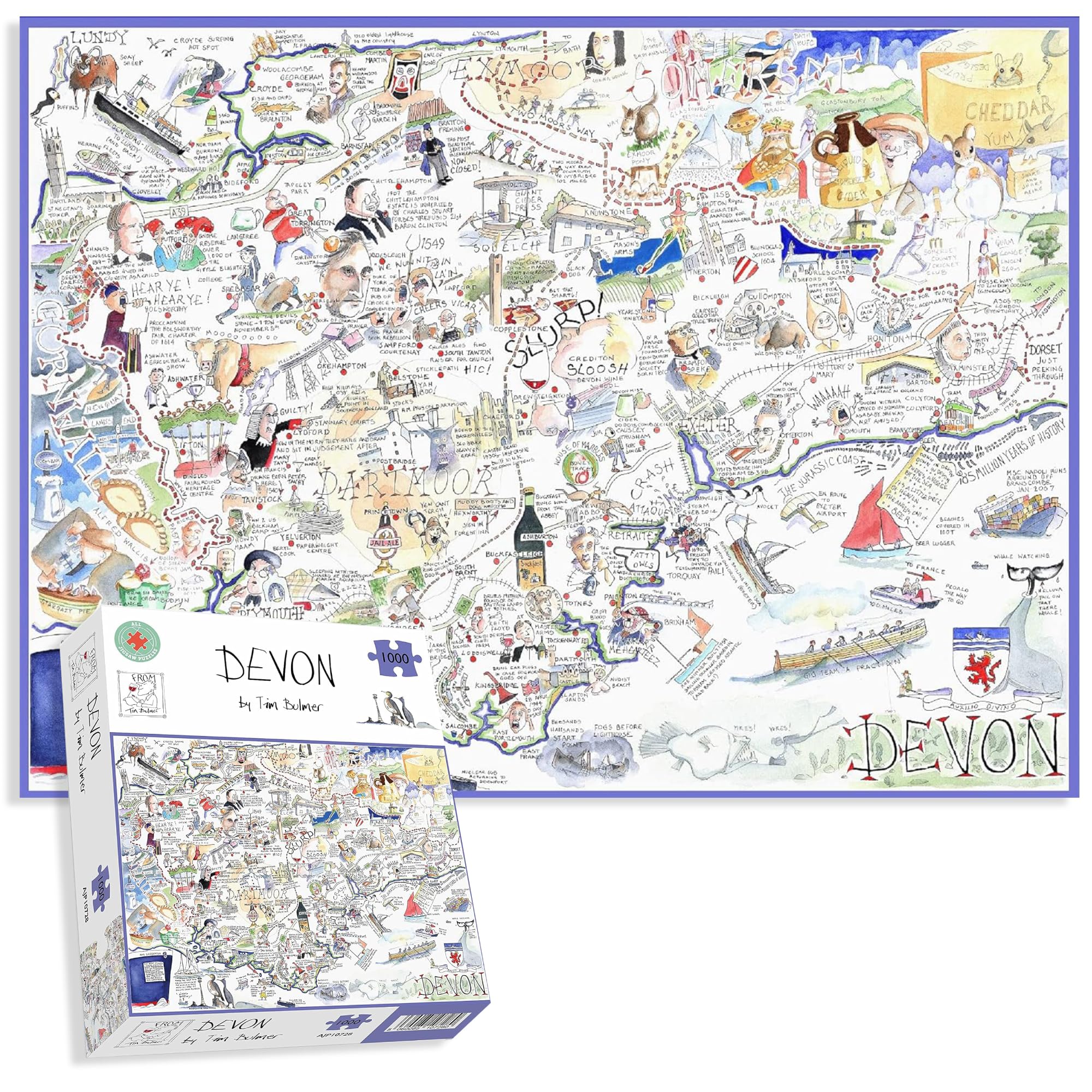 Comical Map Of Devon, Artwork By Tim Bulmer - 1000 Piece Puzzle For Adults, Large Puzzle 66cm X 50cm In Size. Challenging To Complete But Fun And Humorous. Makes A Great Gift For Birthdays