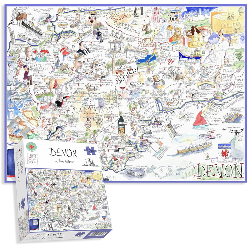 Comical Map Of Devon, Artwork By Tim Bulmer - 1000 Piece Puzzle For Adults, Large Puzzle 66cm X 50cm In Size. Challenging To Complete But Fun And Humorous. Makes A Great Gift For Birthdays
