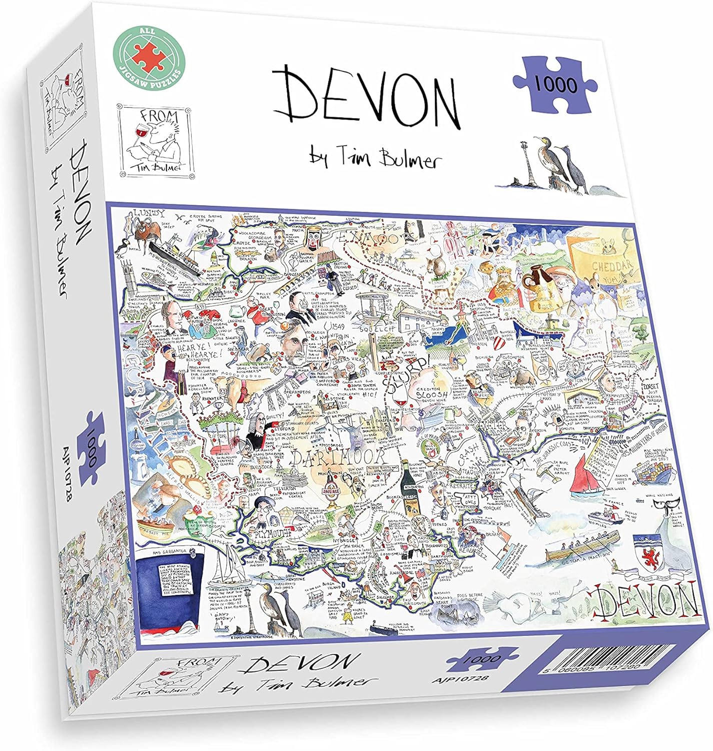Comical Map Of Devon, Artwork By Tim Bulmer - 1000 Piece Puzzle For Adults, Large Puzzle 66cm X 50cm In Size. Challenging To Complete But Fun And Humorous. Makes A Great Gift For Birthdays