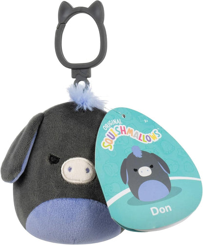 Squishmallows Wildlife Squad Donkey Clip-On, 8.9 cm, Charcoal and Periwinkle Plush, Collectible