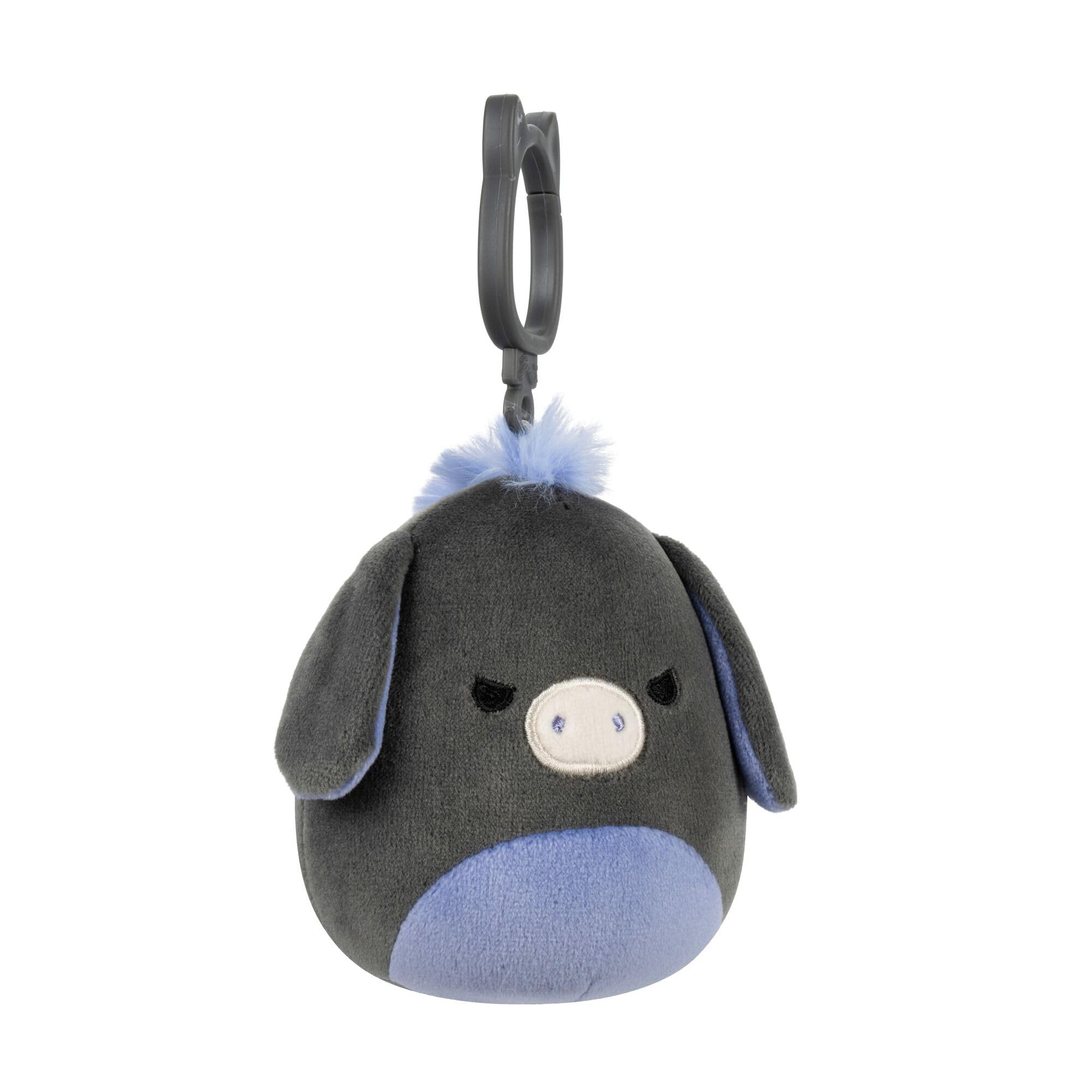 Squishmallows Wildlife Squad Donkey Clip-On, 8.9 cm, Charcoal and Periwinkle Plush, Collectible