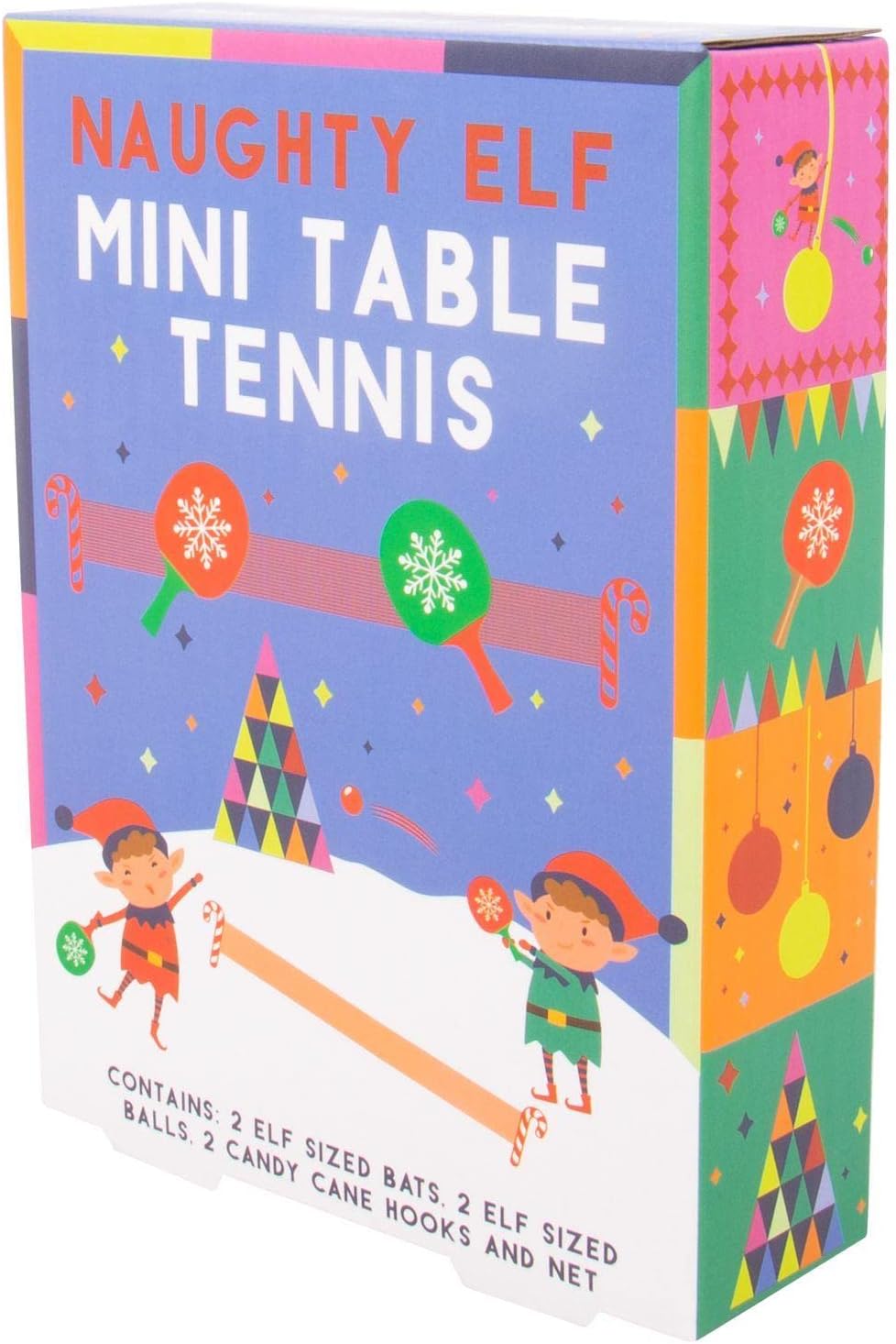 Christmas Naughty Elf Tafeltennis Spel. Miniatuur Elf-Sized Tafeltennis Nieuwigheid Kerstspel. Inclusief Feestelijke Vleermuizen, Gekleurde Ballen, Snoep Riet Haken & Net.