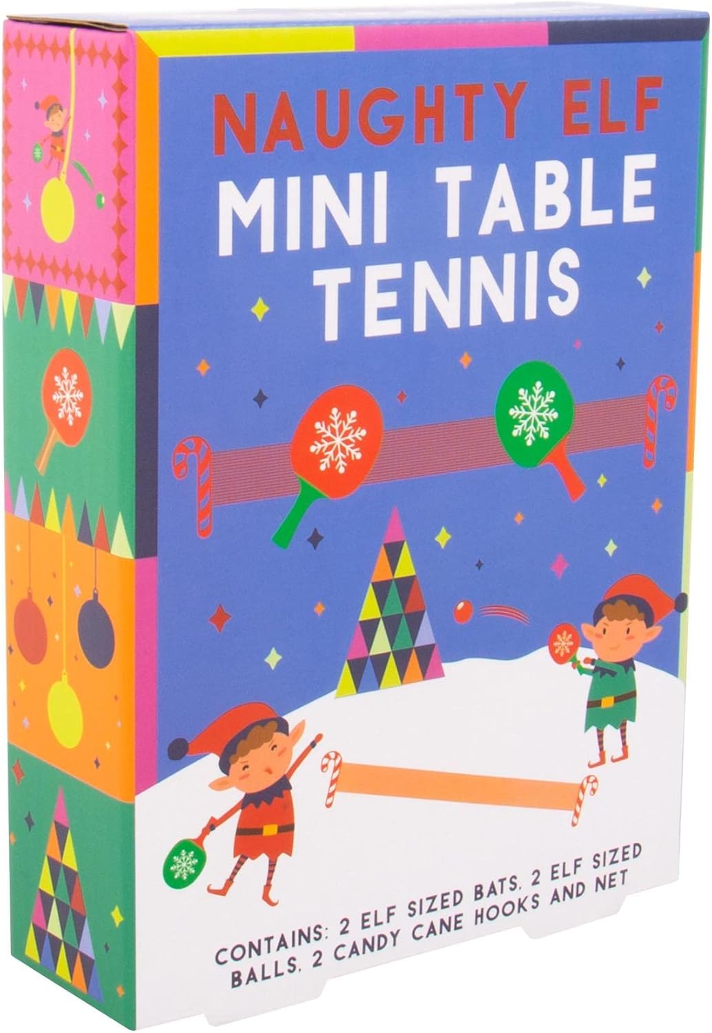 Christmas Naughty Elf Tafeltennis Spel. Miniatuur Elf-Sized Tafeltennis Nieuwigheid Kerstspel. Inclusief Feestelijke Vleermuizen, Gekleurde Ballen, Snoep Riet Haken & Net.