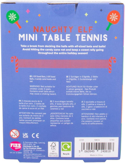 Christmas Naughty Elf Tafeltennis Spel. Miniatuur Elf-Sized Tafeltennis Nieuwigheid Kerstspel. Inclusief Feestelijke Vleermuizen, Gekleurde Ballen, Snoep Riet Haken & Net.