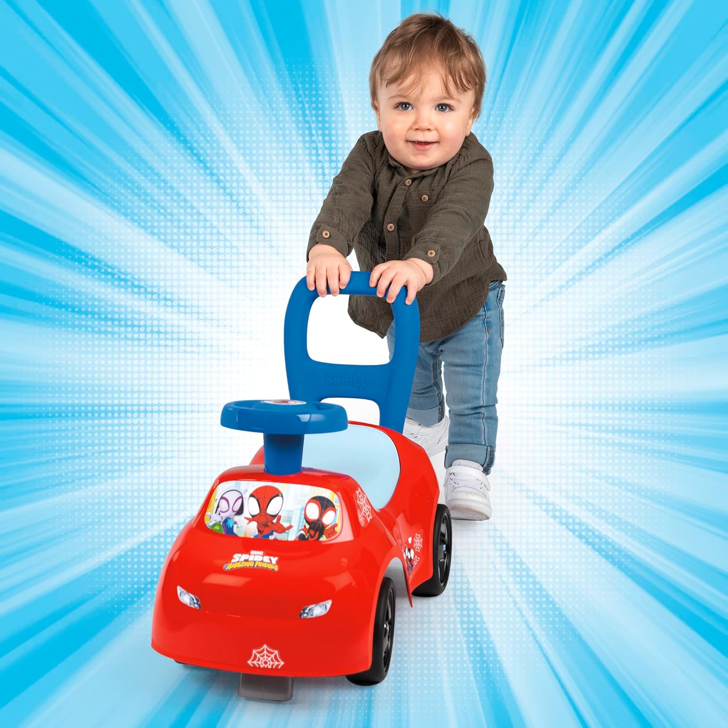 Smoby Spidey glijbaan – wendbaar kindervoertuig met claxonstuur – rugsteun, opbergvak, kantelbeveiliging – voor kinderen vanaf 10 maanden