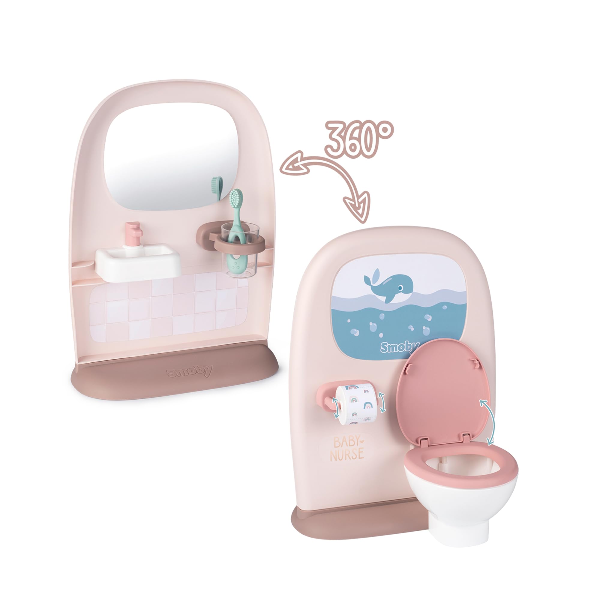 Smoby- Aseo Baby Nurse para Muñecos, con Inodoro y Rollo de Papel, Zona de Lavabo con Espejo, Cepillo de Dientes y Vaso, Muñeco no Incluido, A Partir de 3 años (7600220380