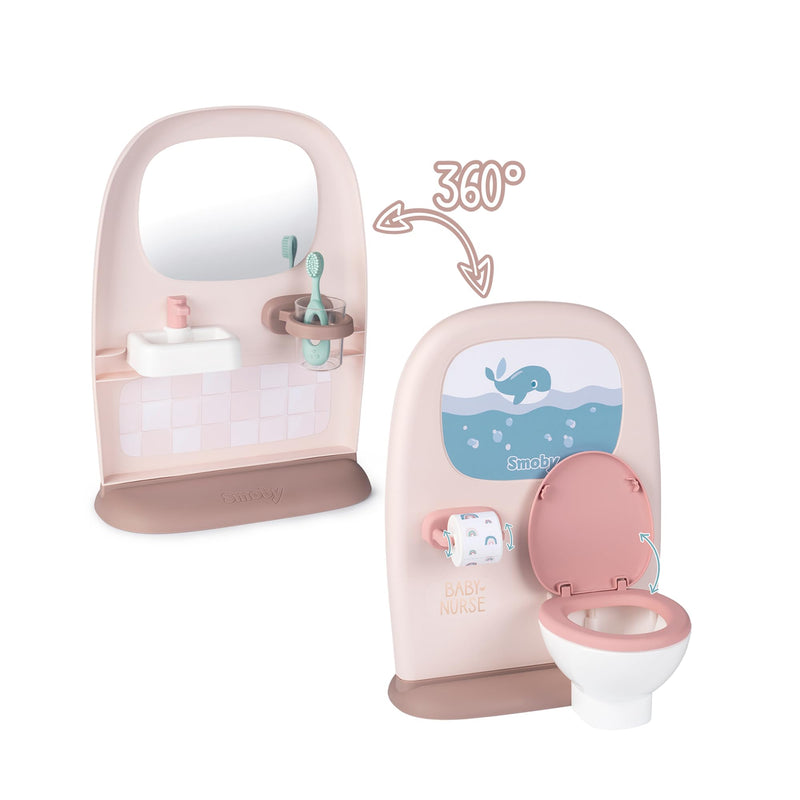 Smoby- Aseo Baby Nurse para Muñecos, con Inodoro y Rollo de Papel, Zona de Lavabo con Espejo, Cepillo de Dientes y Vaso, Muñeco no Incluido, A Partir de 3 años (7600220380