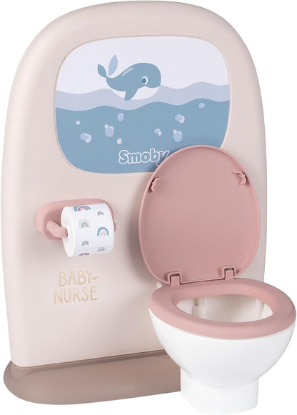 Smoby- Aseo Baby Nurse para Muñecos, con Inodoro y Rollo de Papel, Zona de Lavabo con Espejo, Cepillo de Dientes y Vaso, Muñeco no Incluido, A Partir de 3 años (7600220380