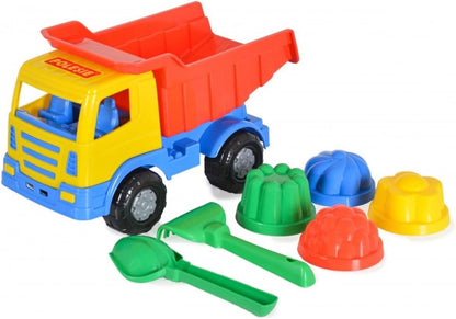Polesie set di giocattoli da 7 pezzi 93226, camion, stampi, pala, rastrello, colorazione:multicolore