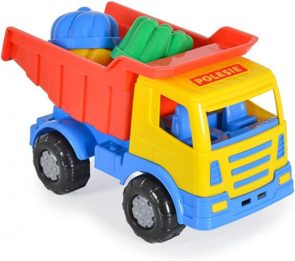 Polesie set di giocattoli da 7 pezzi 93226, camion, stampi, pala, rastrello, colorazione:multicolore