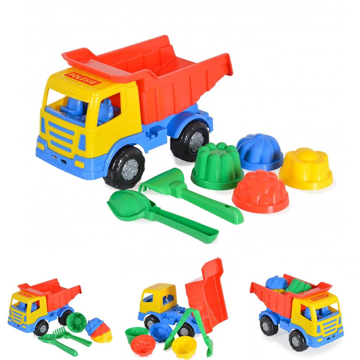 Polesie set di giocattoli da 7 pezzi 93226, camion, stampi, pala, rastrello, colorazione:multicolore