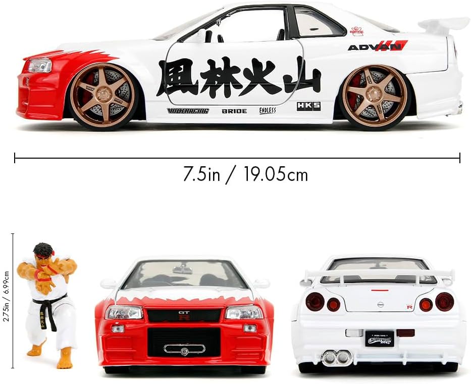 Jada -Coche Nissan Skyline GT-R 2022 con Figura del carismático Personaje de Street Fighter II, Ryu de 7cm para Fans y niños Mayores de 8 años. Escala 1:24 (253255071