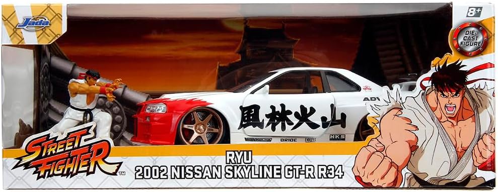 Jada -Coche Nissan Skyline GT-R 2022 con Figura del carismático Personaje de Street Fighter II, Ryu de 7cm para Fans y niños Mayores de 8 años. Escala 1:24 (253255071