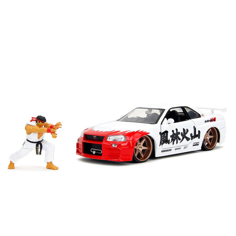 Jada -Coche Nissan Skyline GT-R 2022 con Figura del carismático Personaje de Street Fighter II, Ryu de 7cm para Fans y niños Mayores de 8 años. Escala 1:24 (253255071