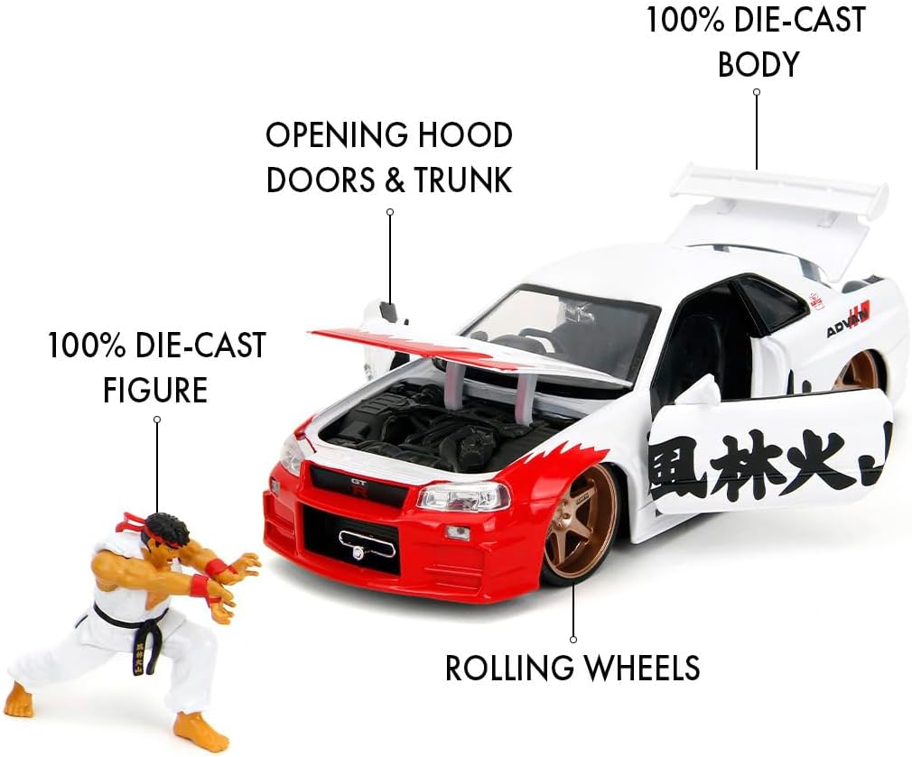 Jada -Coche Nissan Skyline GT-R 2022 con Figura del carismático Personaje de Street Fighter II, Ryu de 7cm para Fans y niños Mayores de 8 años. Escala 1:24 (253255071