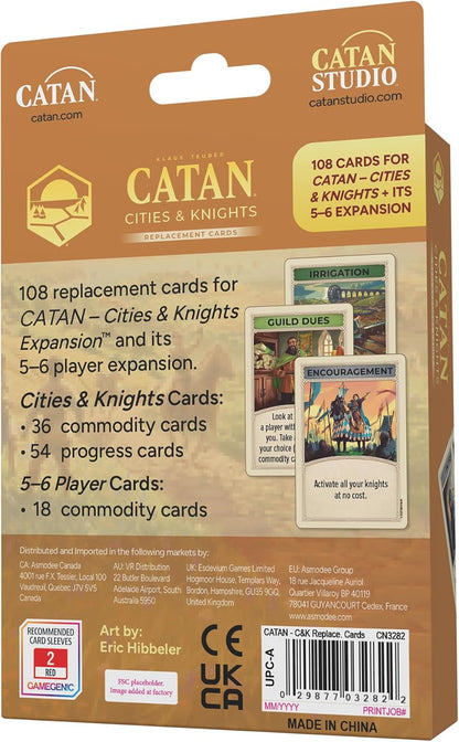CATAN Cities & Knights Card Accessory (6th Edition) Complete Replacement Set with 36 Commodity Cards & 54 Progress Cards, Made Studio