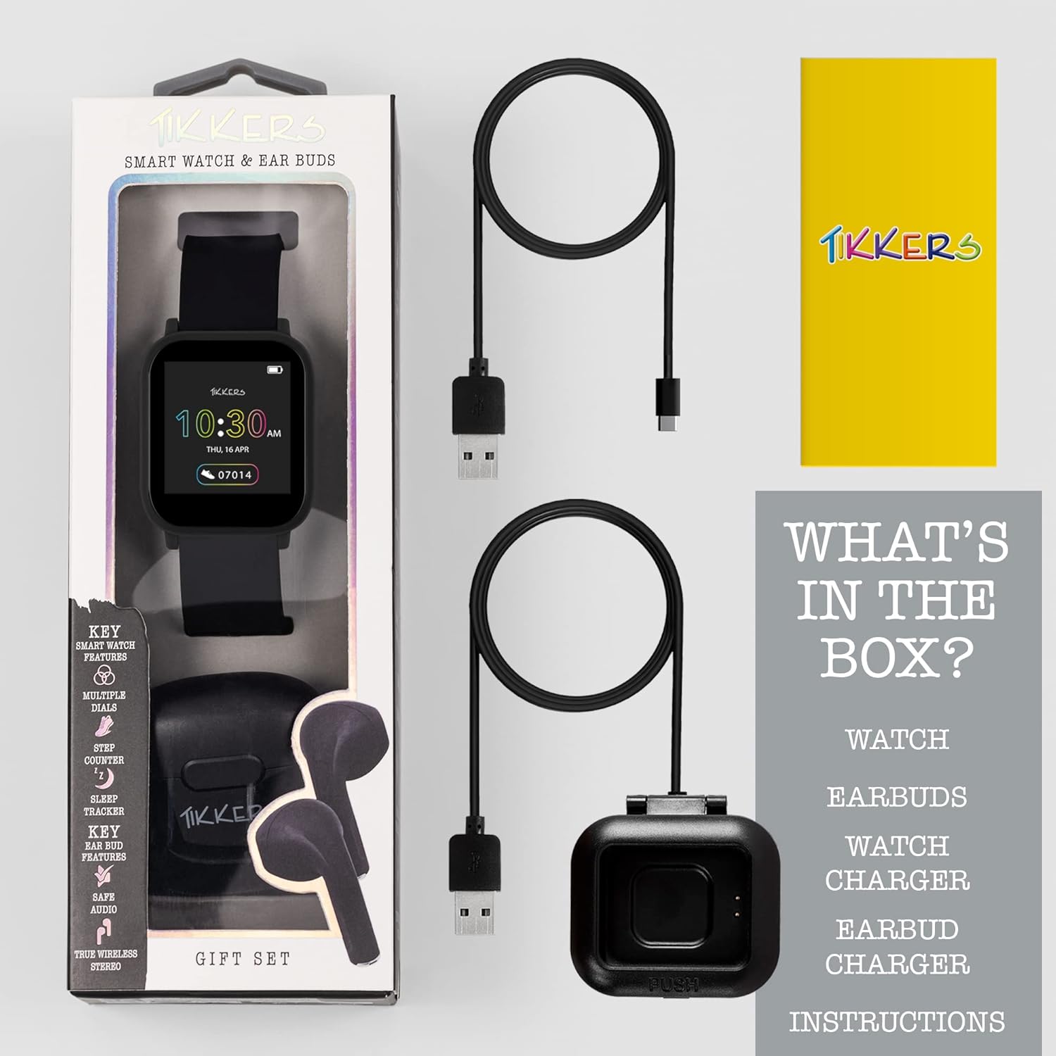 Tikkers Teen Series 10 Zwart Smart Horloge en Oordopjes Set TKS10-0002-SETARG, Zwart, Modern