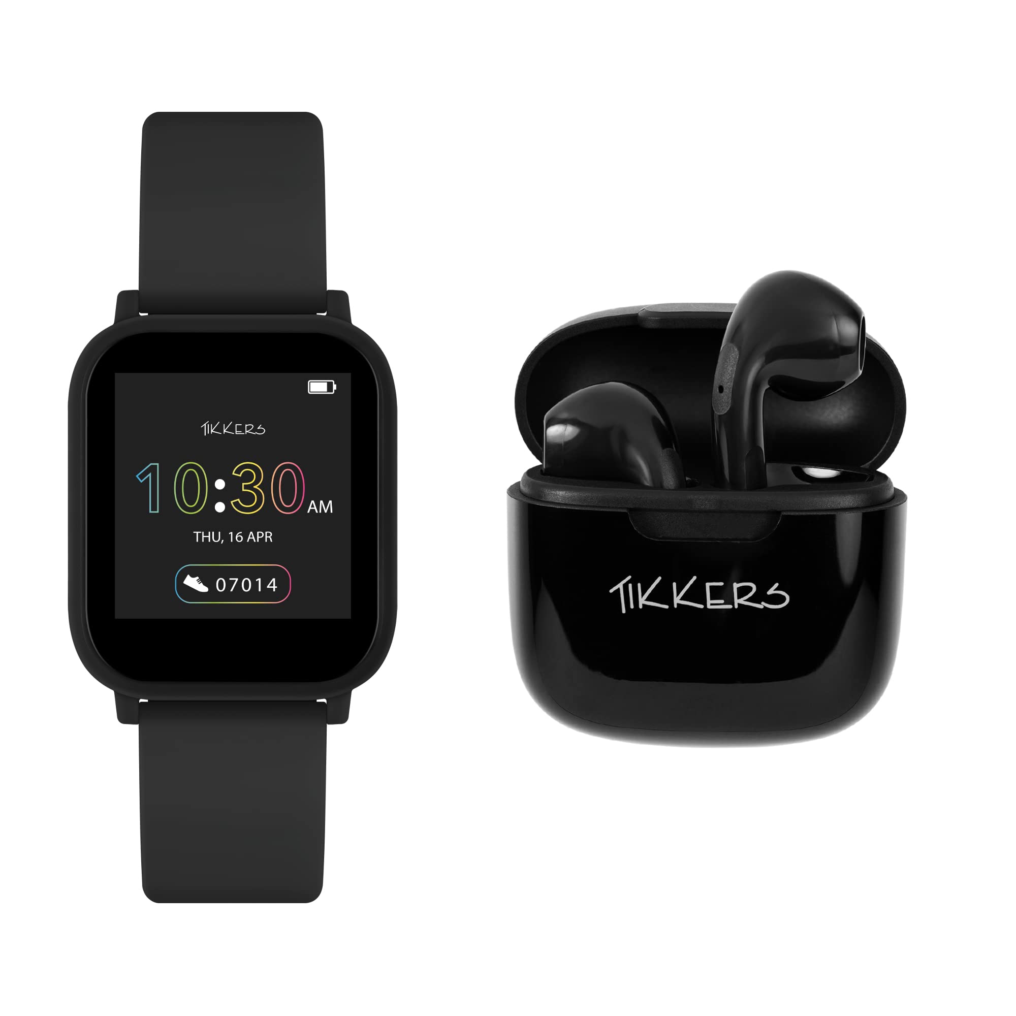 Tikkers Teen Series 10 Zwart Smart Horloge en Oordopjes Set TKS10-0002-SETARG, Zwart, Modern