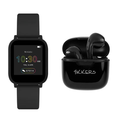 Tikkers Teen Series 10 Zwart Smart Horloge en Oordopjes Set TKS10-0002-SETARG, Zwart, Modern