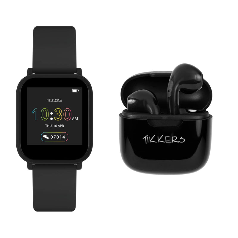 Tikkers Teen Series 10 Zwart Smart Horloge en Oordopjes Set TKS10-0002-SETARG, Zwart, Modern