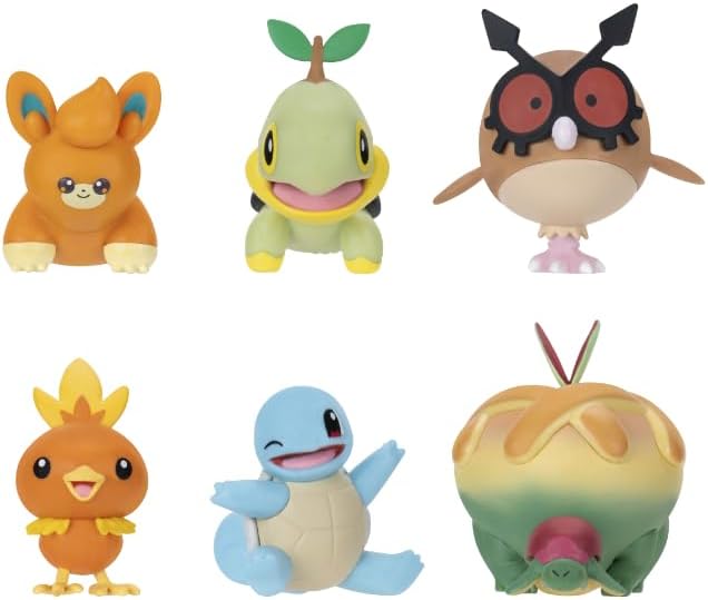 Pokémon Battle Figure 6 Pack - 5cm Figures Pawnii, Turtwig, Hoothoot, Torchic, Appletun, Squirtle - Official playset for Children 4+ Years