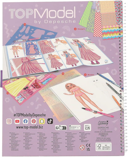 Depesche TOPModel 13584 Colouring Book with 33 Pre-Printed Pages for Designing Outfits, Set Including Paper, Stencil, Stickers and Much More, White