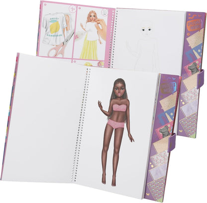 Depesche TOPModel 13584 Colouring Book with 33 Pre-Printed Pages for Designing Outfits, Set Including Paper, Stencil, Stickers and Much More, White