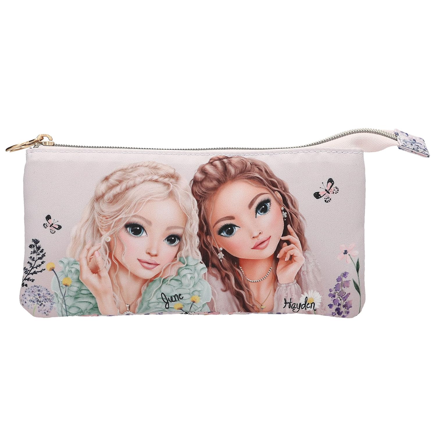Depesche TOPModel Summer Feeling 13307 Pencil Case in Pink with Model Motif, Flowers and Butterflies, Pencil Case with 3 Inner Compartments