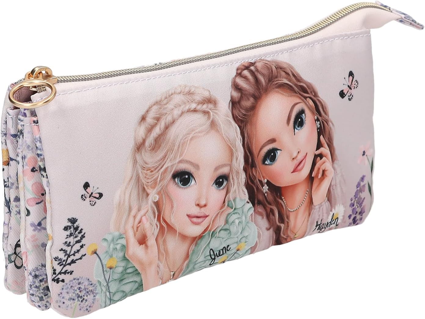 Depesche TOPModel Summer Feeling 13307 Pencil Case in Pink with Model Motif, Flowers and Butterflies, Pencil Case with 3 Inner Compartments