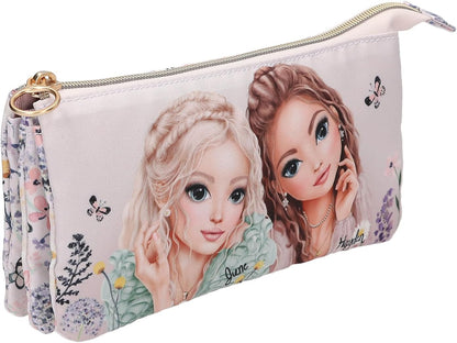 Depesche TOPModel Summer Feeling 13307 Pencil Case in Pink with Model Motif, Flowers and Butterflies, Pencil Case with 3 Inner Compartments
