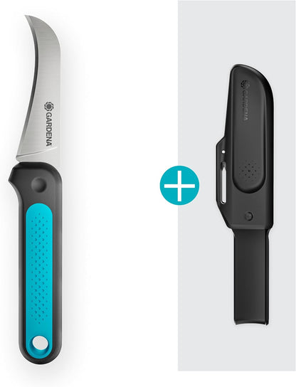 GARDENA VeggieCut Harvesting Knife: Stainless Steel Knife for harvesting, Cleaning and Peeling Vegetables, Non-Slip Handle, Dishwasher Safe, Includes Belt Holster with Grinding Stone (12211-20