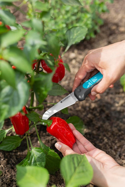 GARDENA VeggieCut Harvesting Knife: Stainless Steel Knife for harvesting, Cleaning and Peeling Vegetables, Non-Slip Handle, Dishwasher Safe, Includes Belt Holster with Grinding Stone (12211-20