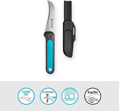 GARDENA VeggieCut Harvesting Knife: Stainless Steel Knife for harvesting, Cleaning and Peeling Vegetables, Non-Slip Handle, Dishwasher Safe, Includes Belt Holster with Grinding Stone (12211-20