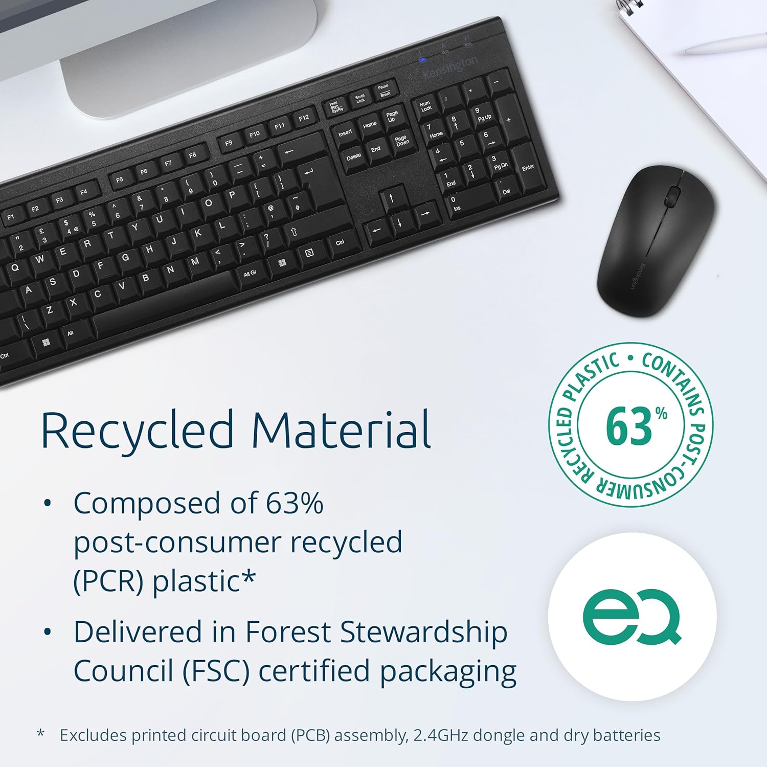 Kensington KM150 EQ Wireless Keyboard and Mouse Combo Set for Windows and MacOS, USB 2.4 GHz Nano Receiver, Full-Size Numpad Keyboard, 1200 DPI Silent Click Mouse (QWERTY UK Layout Black K75562UK