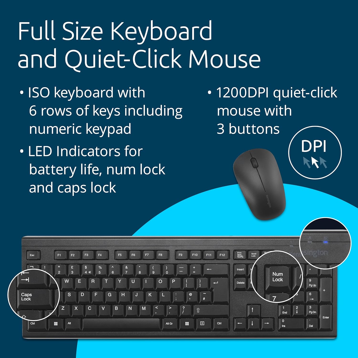 Kensington KM150 EQ Wireless Keyboard and Mouse Combo Set for Windows and MacOS, USB 2.4 GHz Nano Receiver, Full-Size Numpad Keyboard, 1200 DPI Silent Click Mouse (QWERTY UK Layout Black K75562UK