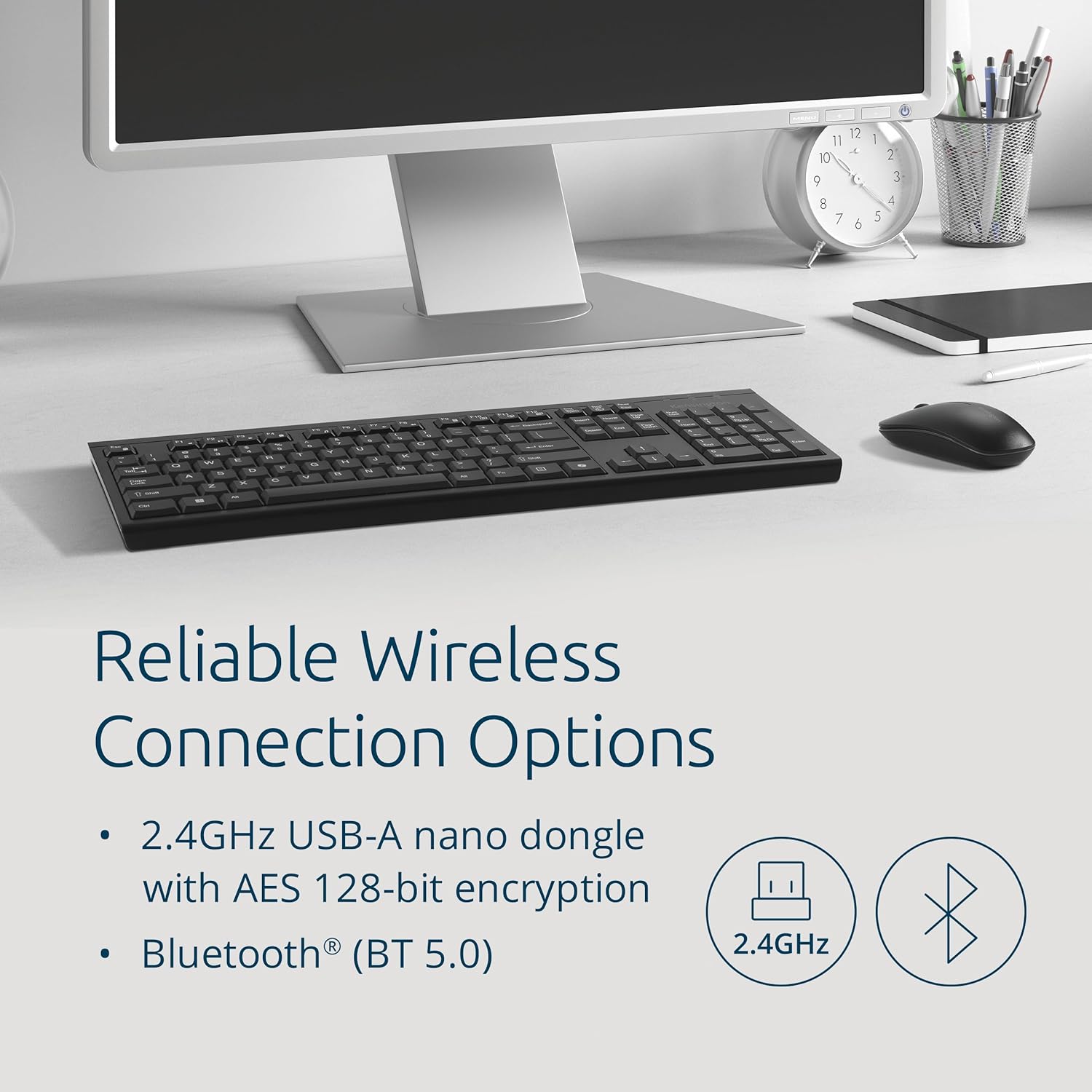 Kensington KM270 EQ Rechargeable Wireless Full Size Keyboard and Ambidextrous Silent Mouse Combo for PC and laptop, 2.4GHz & BT 5.0 wireless, spill-proof design - QWERTY ISO Layout - Black K75560UK