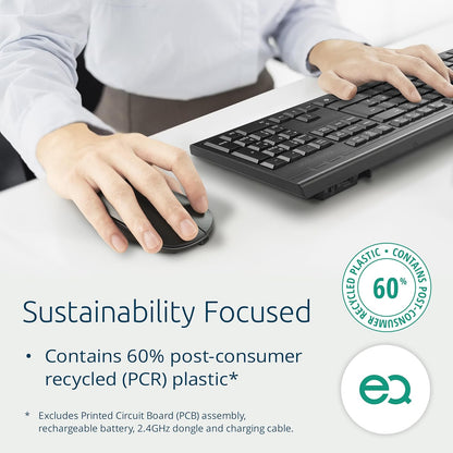 Kensington KM270 EQ Rechargeable Wireless Full Size Keyboard and Ambidextrous Silent Mouse Combo for PC and laptop, 2.4GHz & BT 5.0 wireless, spill-proof design - QWERTY ISO Layout - Black K75560UK