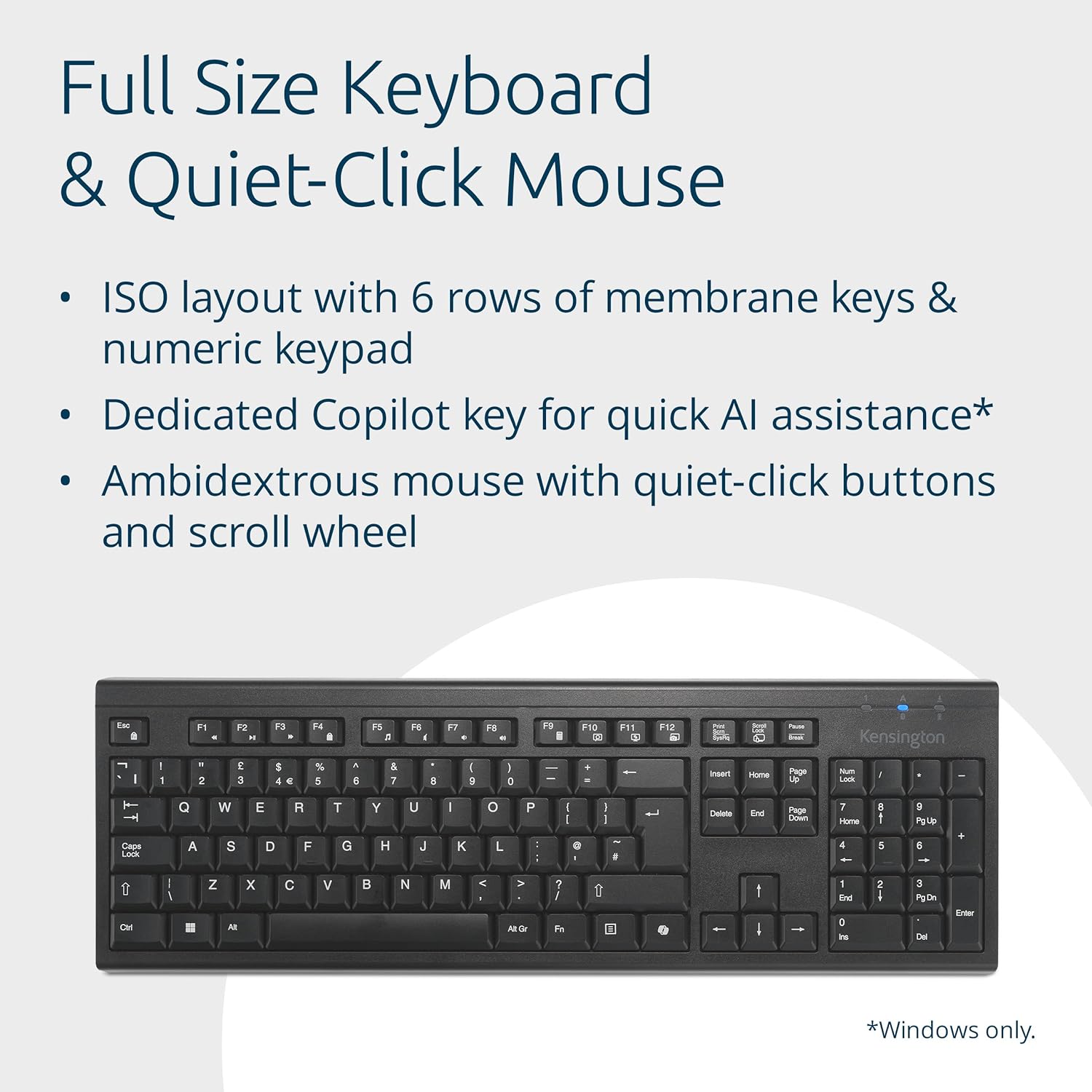 Kensington KM270 EQ Rechargeable Wireless Full Size Keyboard and Ambidextrous Silent Mouse Combo for PC and laptop, 2.4GHz & BT 5.0 wireless, spill-proof design - QWERTY ISO Layout - Black K75560UK