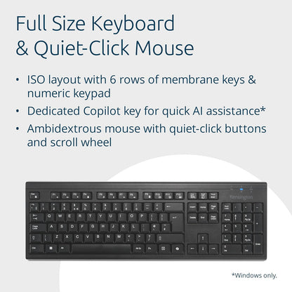 Kensington KM270 EQ Rechargeable Wireless Full Size Keyboard and Ambidextrous Silent Mouse Combo for PC and laptop, 2.4GHz & BT 5.0 wireless, spill-proof design - QWERTY ISO Layout - Black K75560UK