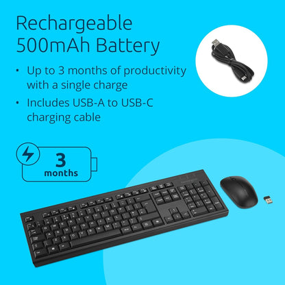 Kensington KM270 EQ Rechargeable Wireless Full Size Keyboard and Ambidextrous Silent Mouse Combo for PC and laptop, 2.4GHz & BT 5.0 wireless, spill-proof design - QWERTY ISO Layout - Black K75560UK