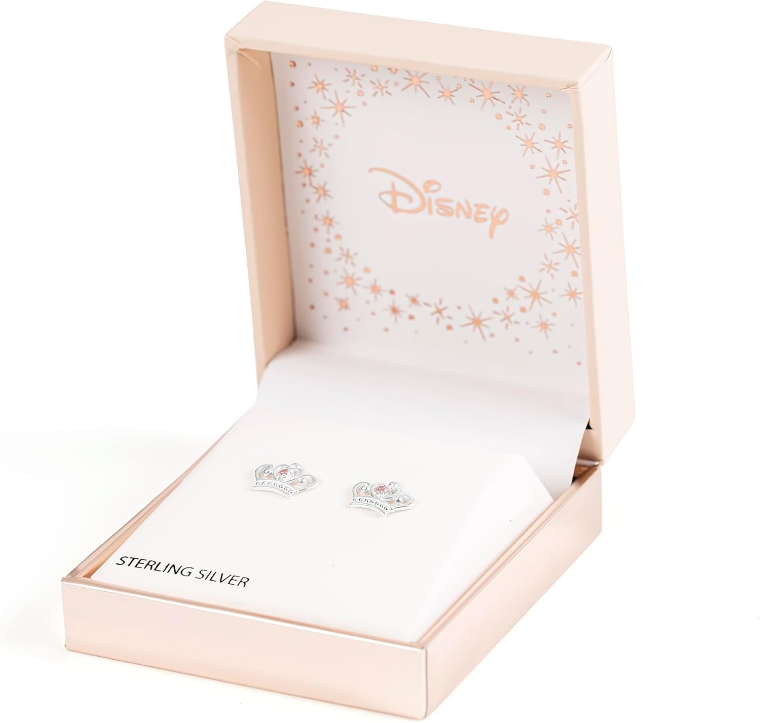 Disney 925 Sterling Silver Princess Crown Tiara Pink Stone Set Stud Earrings for Girls