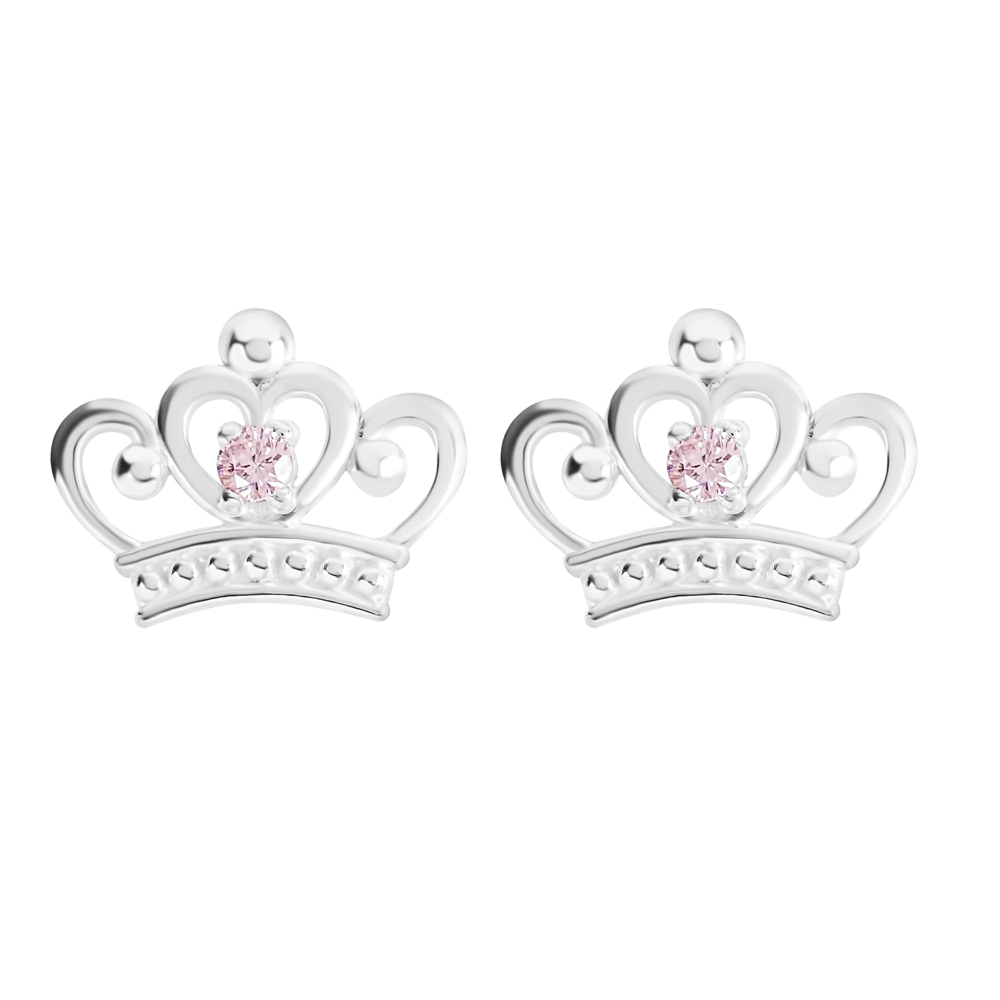 Disney 925 Sterling Silver Princess Crown Tiara Pink Stone Set Stud Earrings for Girls